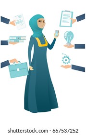 Muslim hard working business woman. Hard working business woman surrounded by many hands that give her a lot of work. Hard working concept. Vector cartoon illustration isolated on white background