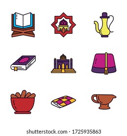 muslim hat and EID mubarak icon set over white background, line and fill style, vector illustration