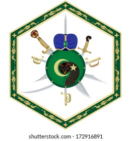 Muslim head covering, shield and weapons in an abstract frame. The illustration on a white background.