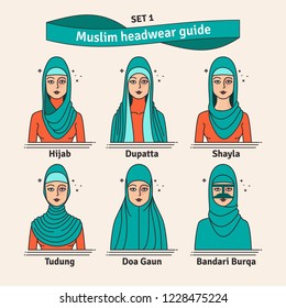Führer für muslimische Kopfbedeckungen. Die Reihe der verschiedenen Arten von Frauen Kopftücher. Vektorsymbol, bunte Illustration. Satz 1: