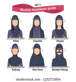 Muslim headwear guide. The set of different types of women headscarves. Vector icon colorful illustration. Set 1.