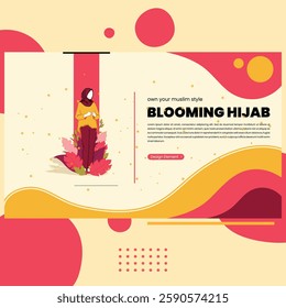 Muslim Hijab Fashion in Peach Yellow Landing Page, Poster, App Banner Women’s Empowerment