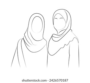 Muslim  hijab girl line art drawing continues line vector illustration