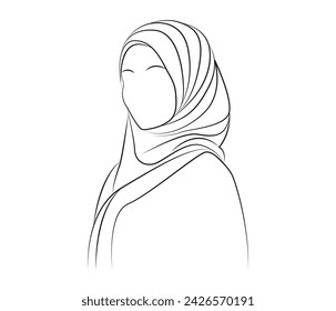 Muslim  hijab girl line art drawing continues line vector illustration