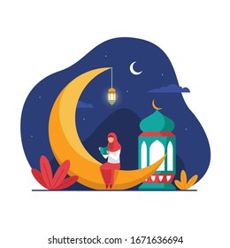 Muslim hijab girl sitting on the crescent moon object while reading holy book quran to fill night ramadan activity vector flat illustration and islamic landscape background