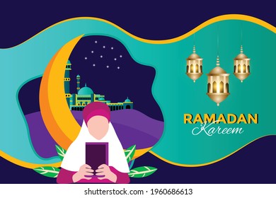 Muslim hijab girl sitting on the crescent moon object while reading holy book quran to fill night Ramadan activity vector flat illustration and Islamic landscape background