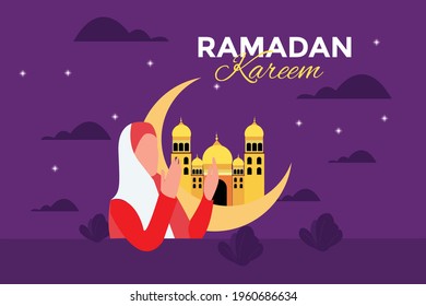 Muslim hijab girl sitting on the crescent moon object while reading holy book quran to fill night Ramadan activity vector flat illustration and Islamic landscape background