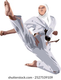 Muslimisches Hijab-Mädchen in weißer Karate-Uniform, tretend und verteidigend. Die Beine hoch. Vektorgrafik