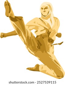 Muslimisches Hijab-Mädchen in weißer Karate-Uniform, tretend und verteidigend. Die Beine hoch. Vektorgrafik