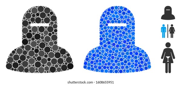 Muslim hijab mosaic of small circles in variable sizes and color tinges, based on muslim hijab icon. Vector small circles are composed into blue mosaic.