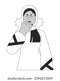 Muslim hijab woman asthma attack black and white 2D line cartoon character. Chronic dry coughing female middle eastern isolated vector outline person. Wheezing monochromatic flat spot illustration