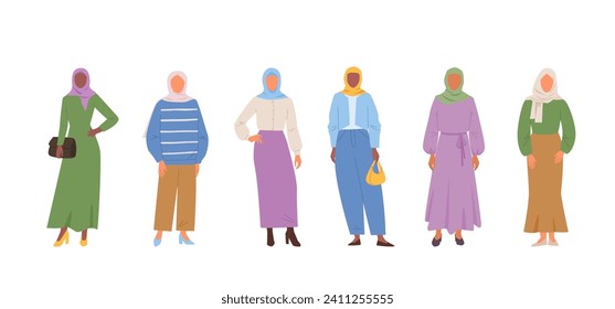 muslim hijab woman. cartoon minimalistic characters in hijab, Saudi people in traditional ethnic turkish iranian outfit. vector cartoon characters traditional concept.