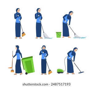 muslim hijab woman cleaning service employees and equipment and tools for cleaning premises. Cleaning order through a mobile application. Vector illustration in flat style