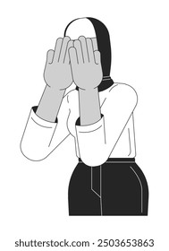 Muslim hijab woman covering eyes with palms black and white 2D line cartoon character. Headscarf female hiding behind hands isolated vector outline person. Stop gesture monochromatic spot illustration