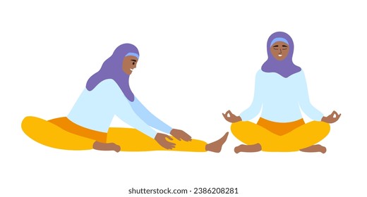 Mujer musulmana hijab haciendo ejercicio de yoga. Estilo de vida saludable de las mujeres árabes musulmanas. Ilustración vectorial de concepto positivo corporal.