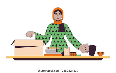 Muslim hijab woman packing personal belongings 2D linear cartoon character. Young adult arab lady unpacking moving isolated line vector person white background. Preparing color flat spot illustration