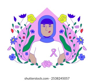 Muslim hijab woman promoting breast cancer awareness 2D illustration concept. Mammogram campaign. Arab female wearing pink ribbon cartoon character isolated on white. Metaphor abstract flat vector