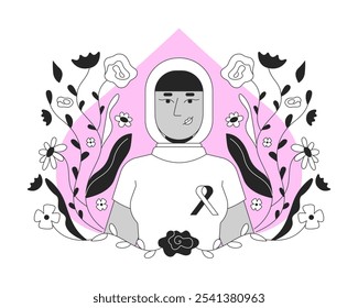 Muslim hijab woman promoting breast cancer awareness black and white 2D illustration concept. Mammogram campaign. Arab female wearing ribbon outline character isolated. Metaphor monochrome vector art