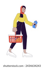 Muslim hijab woman with shopping basket 2D linear cartoon character. Groceries buying female arab isolated line vector person white background. Holding water bottle color flat spot illustration