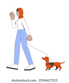 Muslim hijab woman walking dachshund dog on leash 2D cartoon character. Pet companionship. Daily routine. Headscarf girl relaxed stroll flat vector person isolated on white. Spot illustration colorful