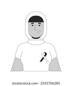 Mujer musulmana del hijab que lleva la cinta solidaria de la camiseta carácter blanco y negro de la línea 2D. Camiseta de concienciación sobre el cáncer de mama mujer pañuelo de cabeza árabe aislado Vector esbozo persona. Ilustración de punto monocromático