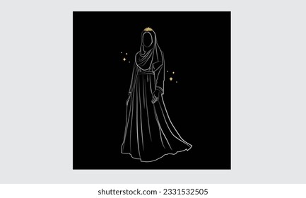 Muslim hijabi girl Line art illustration with black background and Aesthetic vibe. Islamic Art, Muslim Woman art illustration, Vector.