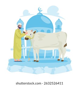 A Muslim with his cow for Eid al-Adha Mubarak, Islamic animal sacrifice called Eid Qurban, Vector illustration
