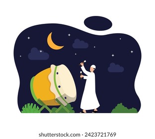 Muslim hitting bedug at night flat 2d vector illustration