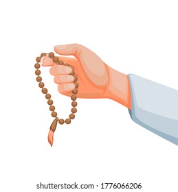 muslim holding prayer beads aka tasbih counting tool for zikr in islam religion. concept in cartoon illustration vector isolated in white background
