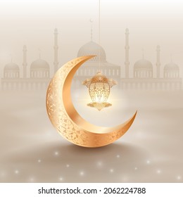 Muslim holiday background with  moon and a luminous lantern on a light background with a mosque. Vector greeting card for Ramadan Kareem, Eid Al Fitr Mubarak, Mawlid Al Nabi holidays