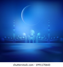 Muslim holiday banner concept with panoramic view. Moon and arabic sands background for islamic festival. Realistic night desert landscape with sky, crescent and mosque. Vector stock illustration.