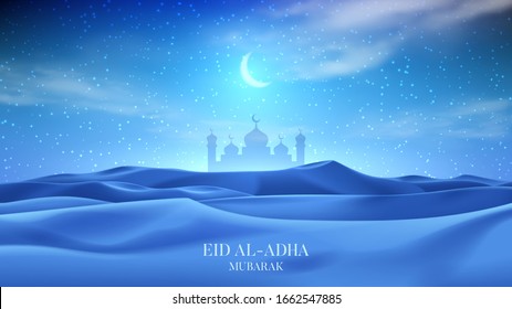 Muslim holiday banner concept. Realistic night desert landscape with starry sky, crescent and clouds. 3d vector illustration with silhouette of mosque. Greeting card for muslim festival Eid Al-Adha.