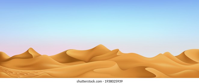 Muslim Holiday Banner Concept. Realistic Day Time Desert Landscape With Blue Sky And Clouds. Vector Greeting Card For Muslim Festival Eid Al-Adha