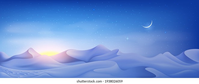 Muslim holiday banner concept. Realistic night desert landscape with starry sky, crescent and clouds. Vector Greeting card for muslim festival Eid Al-Adha