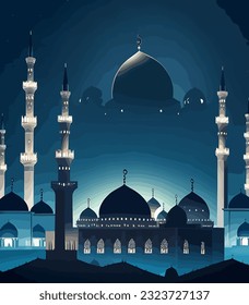 Muslim Holiday with Dark Night Arabian Cityscape, Mosque - Minarets and domes at night, Creative Design Vector Format 