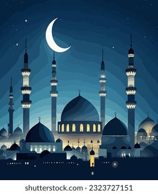 Muslim Holiday with Dark Night Arabian Cityscape, Mosque - Minarets and domes at night, Creative Design Vector Format 