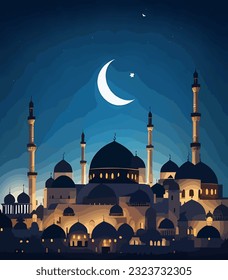 Muslim Holiday with Dark Night Arabian Cityscape, Mosque - Creative Design Vector Format 