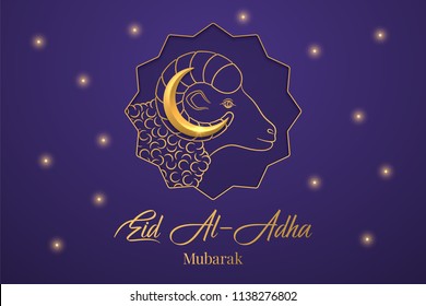 Muslim holiday Eid al Adha Mubarak. Vector illustration of the Feast of sacrifice with Golden Ram and Crescent on the dark blue background. Graphic design of Eid al Fitr. Kurban Bayram festival