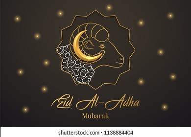 Muslim holiday Eid al Adha Mubarak. Vector illustration of the Feast of sacrifice with Golden Ram and Crescent on the black background. Graphic design of Eid al Fitr. Kurban Bayram festival