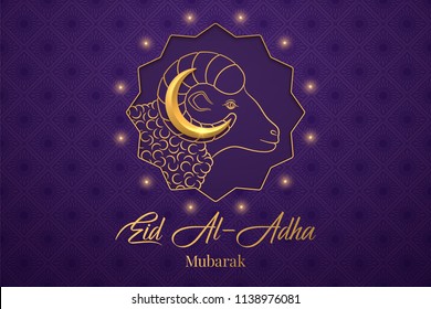 Muslim holiday Eid al Adha Mubarak. Vector illustration of the Feast of sacrifice with Golden Ram and Crescent on the violet background. Graphic design of Eid al Fitr. Kurban Bayram festival