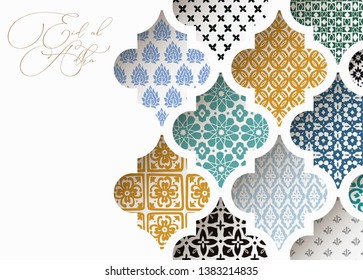 Muslim holiday Eid al Adha greeting card. Close-up of colorful ornamental arabic tiles, patterns through white mosque window. Ramadan invitation. Vector arabesque illustration bacground, modern design