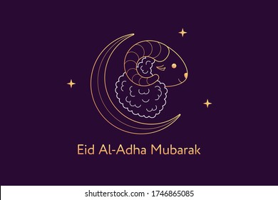 Muslim holiday Eid al Adha Mubarak. Feast of the Sacrifice, composition with golden Sheep, Crescent and Stars. Muslim festival, Eid al Fitr. Kurban Bayram, Hajj, Qurban Bayrami. Vector illustration