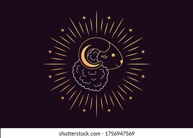 Muslim holiday Eid al Adha Mubarak. Feast of the Sacrifice, golden Sheep with Crescent, Rays and Stars. Muslim festival, Eid al Fitr. Kurban Bayram, Hajj, Qurban Bayrami. Vector illustration