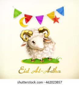 Fiesta musulmana de Eid Al Adha. Tarjeta de saludo con oveja. Fondo del vector