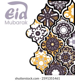 Muslim holiday Eid al fitr Adha greeting card. Close-up of colorful ornamental arabic tiles, patterns through white mosque window.