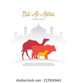 Muslim holiday Eid al-Adha Celebration Background. mosque goat camel and cow vector illustration Eps 10