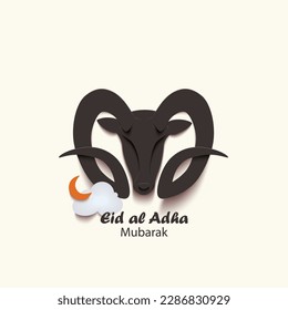 Muslim holiday Eid al-Adha greeting card with white paper cut black Ram with cloud and crescent isolated on a light background,festival of sacrifice