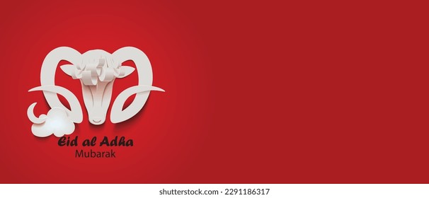 Muslim holiday Eid al-Adha greeting card with white paper cut Ram with cloud and crescent isolated on a red background,festival of sacrifice
