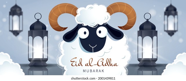 Muslim holiday Eid al-Adha. Eid Mubarak horizontal greeting banner with cartoon white ram and  realistic old arabic lamps lanterns.