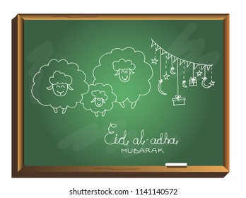 Muslim holiday Eid al-Adha on chalkboard. the sacrifice a ram. kurban bayrami. Translation from Arabic: Eid al-Adha. Hand drawn vector illustration. 